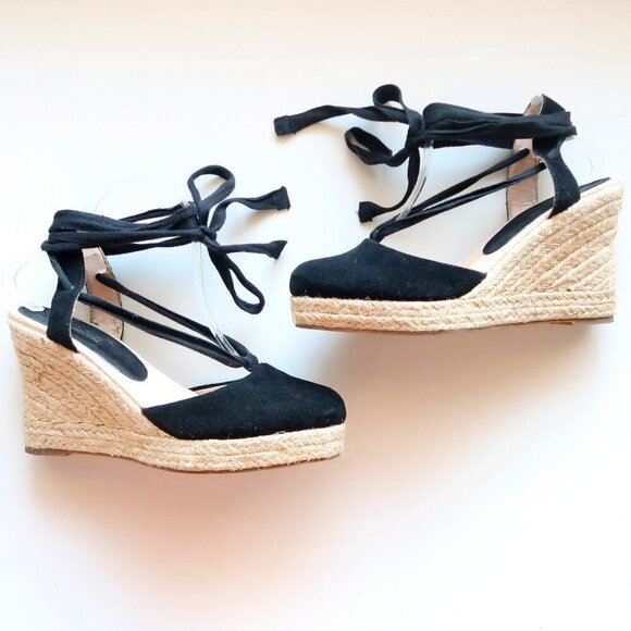Top Shop Black Suede Leather Tie Around Platform Wedge Espadrilles / Sandals 9.5 - Picture 1 of 15
